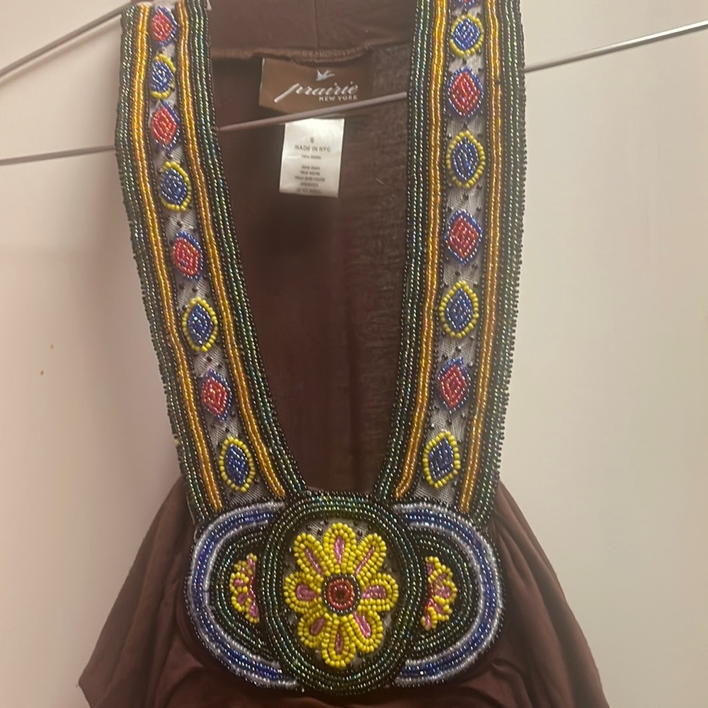 Brown halter shirt with beaded neckline